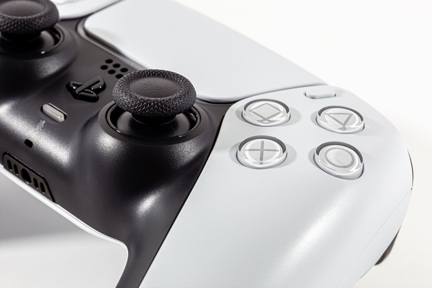 Macro of a white and black game controller